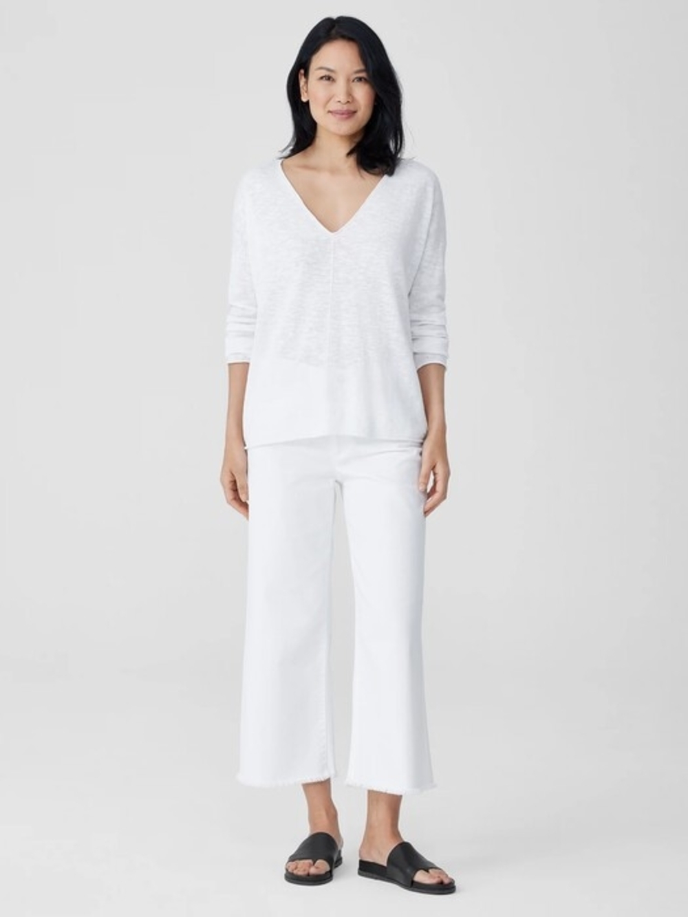 Eileen Fisher Soft White Organic Linen V-Neck Pullover